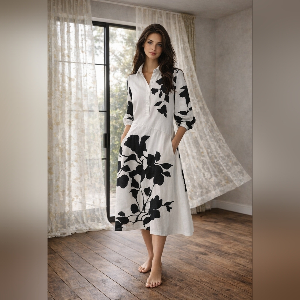 Maeve x J.Faulkner Floral Shirt Dress – Black & White Bold Botanical, Pockets, S